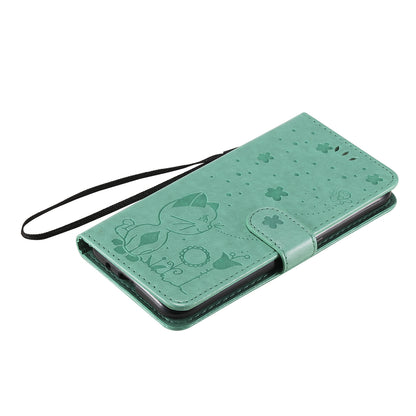 For Samsung Galaxy A01 Cat and Bee Embossed Flip Leather Phone Case Wallet Cover with Card Slots Cash Pocket Magnetic Stand Protective Shockproof TPU PU Leather Case with Wrist Strap