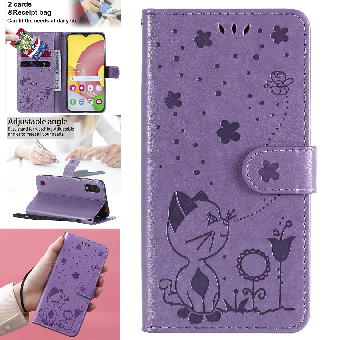For Samsung Galaxy A01 Cat and Bee Embossed Flip Leather Phone Case Wallet Cover with Card Slots Cash Pocket Magnetic Stand Protective Shockproof TPU PU Leather Case with Wrist Strap