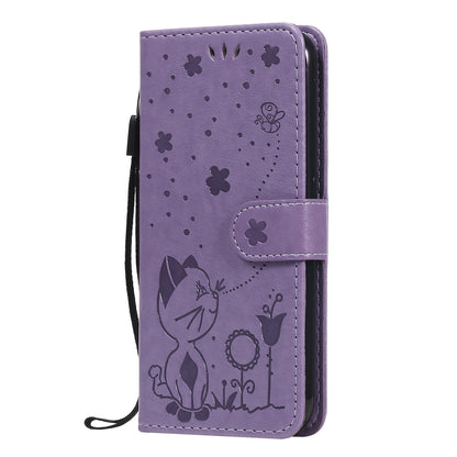 For Samsung Galaxy A01 Cat and Bee Embossed Flip Leather Phone Case Wallet Cover with Card Slots Cash Pocket Magnetic Stand Protective Shockproof TPU PU Leather Case with Wrist Strap