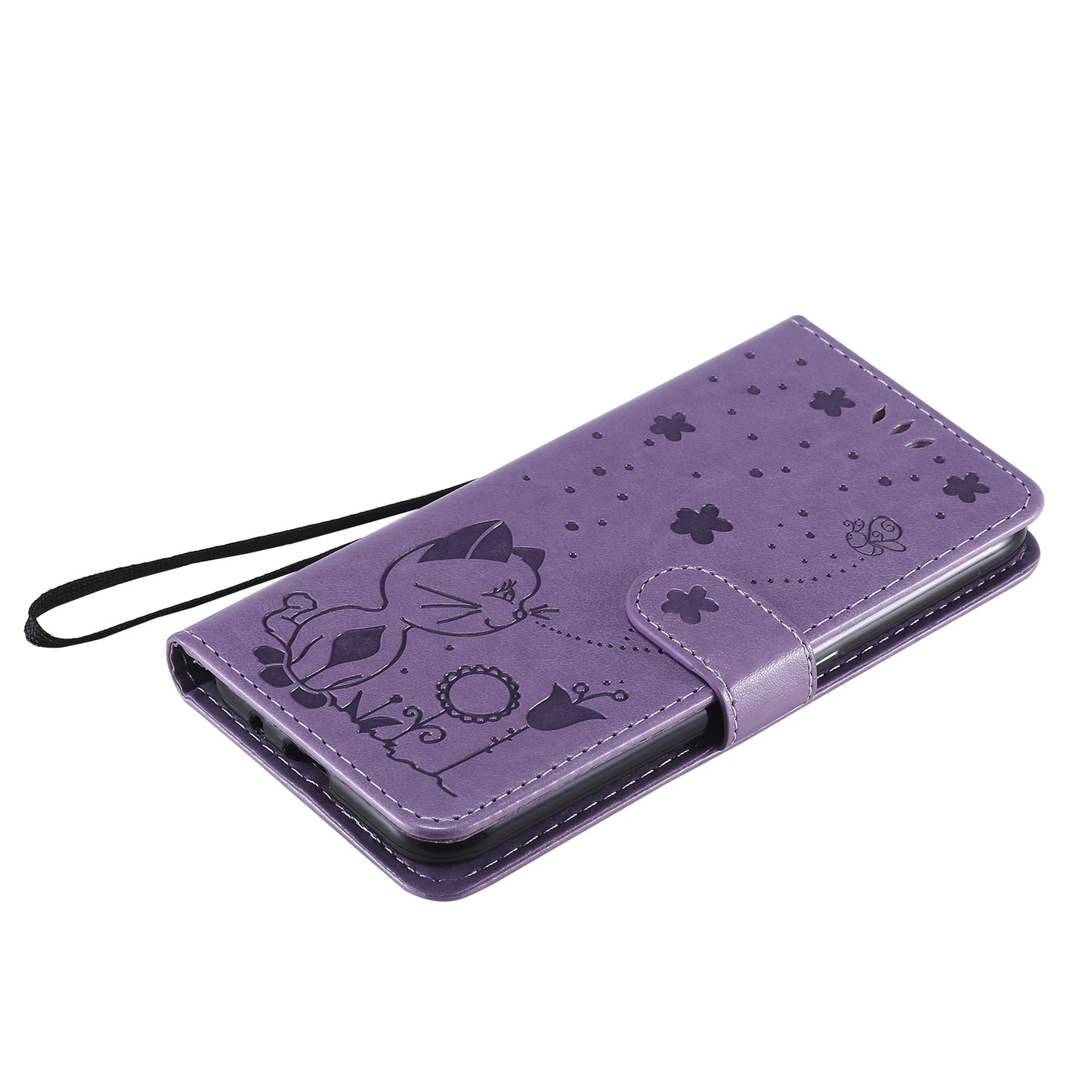 For Samsung Galaxy A01 Cat and Bee Embossed Flip Leather Phone Case Wallet Cover with Card Slots Cash Pocket Magnetic Stand Protective Shockproof TPU PU Leather Case with Wrist Strap