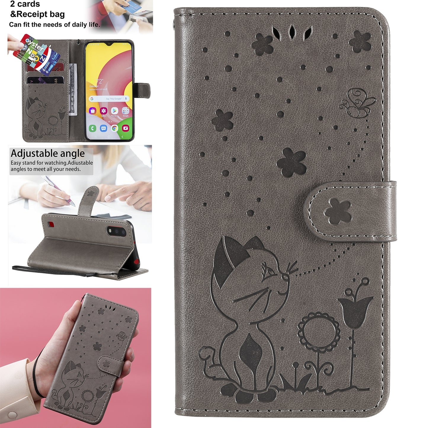 For Samsung Galaxy A01 Cat and Bee Embossed Flip Leather Phone Case Wallet Cover with Card Slots Cash Pocket Magnetic Stand Protective Shockproof TPU PU Leather Case with Wrist Strap