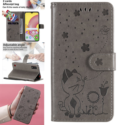 For Samsung Galaxy A01 Cat and Bee Embossed Flip Leather Phone Case Wallet Cover with Card Slots Cash Pocket Magnetic Stand Protective Shockproof TPU PU Leather Case with Wrist Strap