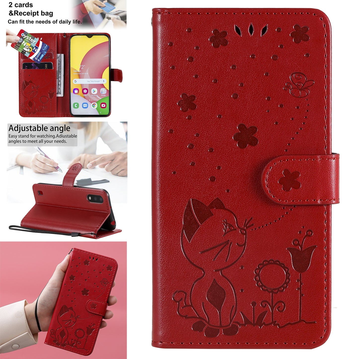 For Samsung Galaxy A01 Cat and Bee Embossed Flip Leather Phone Case Wallet Cover with Card Slots Cash Pocket Magnetic Stand Protective Shockproof TPU PU Leather Case with Wrist Strap