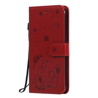 For Samsung Galaxy A01 Cat and Bee Embossed Flip Leather Phone Case Wallet Cover with Card Slots Cash Pocket Magnetic Stand Protective Shockproof TPU PU Leather Case with Wrist Strap