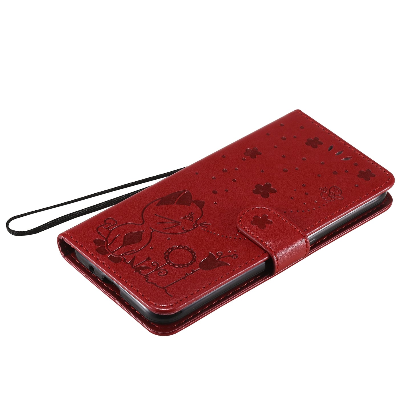 For Samsung Galaxy A01 Cat and Bee Embossed Flip Leather Phone Case Wallet Cover with Card Slots Cash Pocket Magnetic Stand Protective Shockproof TPU PU Leather Case with Wrist Strap