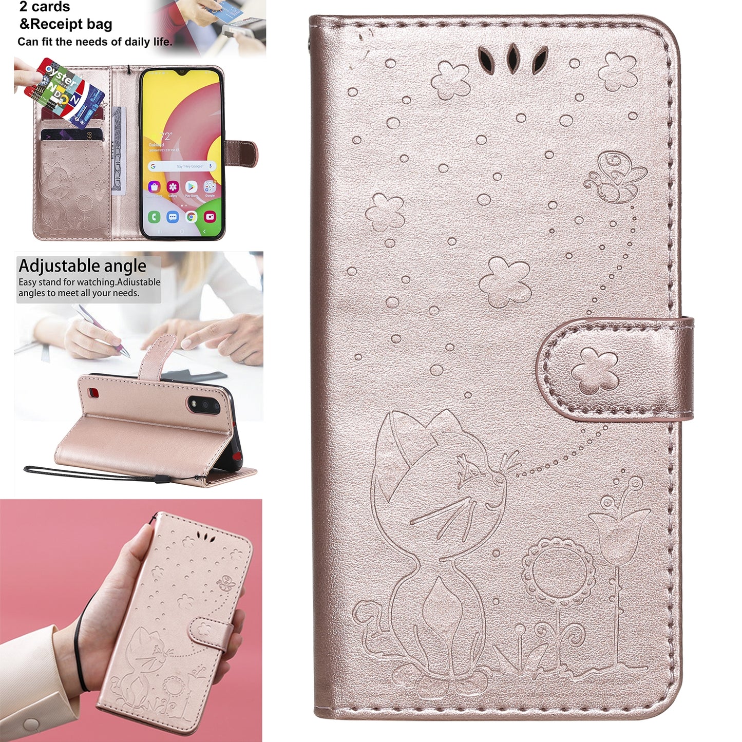 For Samsung Galaxy A01 Cat and Bee Embossed Flip Leather Phone Case Wallet Cover with Card Slots Cash Pocket Magnetic Stand Protective Shockproof TPU PU Leather Case with Wrist Strap