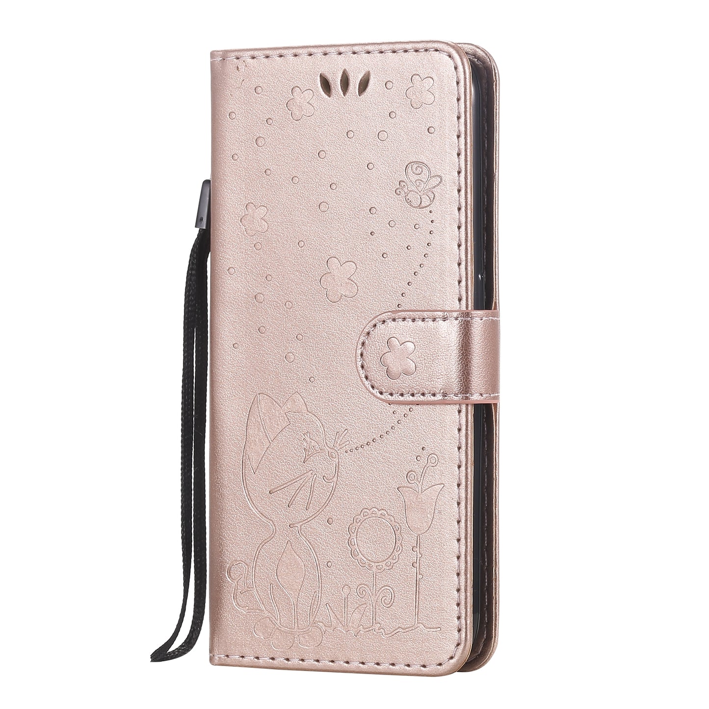For Samsung Galaxy A01 Cat and Bee Embossed Flip Leather Phone Case Wallet Cover with Card Slots Cash Pocket Magnetic Stand Protective Shockproof TPU PU Leather Case with Wrist Strap