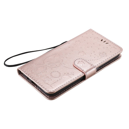 For Samsung Galaxy A01 Cat and Bee Embossed Flip Leather Phone Case Wallet Cover with Card Slots Cash Pocket Magnetic Stand Protective Shockproof TPU PU Leather Case with Wrist Strap
