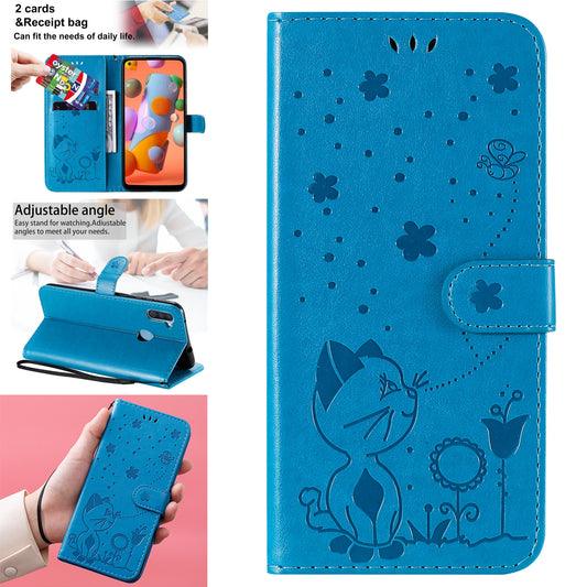 For Samsung Galaxy A11 Cat and Bee Embossed Flip Leather Phone Case Wallet Cover with Card Slots Cash Pocket Magnetic Stand Protective Shockproof TPU PU Leather Case with Wrist Strap