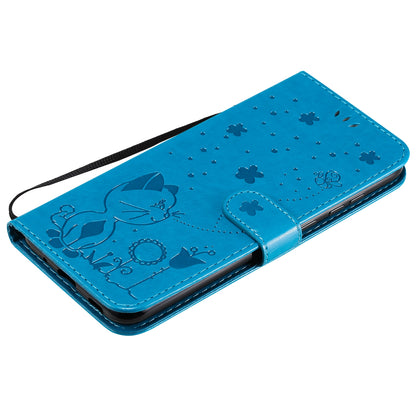 For Samsung Galaxy A11 Cat and Bee Embossed Flip Leather Phone Case Wallet Cover with Card Slots Cash Pocket Magnetic Stand Protective Shockproof TPU PU Leather Case with Wrist Strap