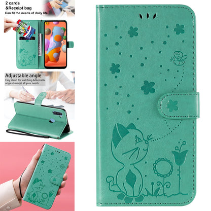 For Samsung Galaxy A11 Cat and Bee Embossed Flip Leather Phone Case Wallet Cover with Card Slots Cash Pocket Magnetic Stand Protective Shockproof TPU PU Leather Case with Wrist Strap