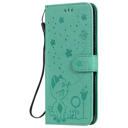 For Samsung Galaxy A11 Cat and Bee Embossed Flip Leather Phone Case Wallet Cover with Card Slots Cash Pocket Magnetic Stand Protective Shockproof TPU PU Leather Case with Wrist Strap