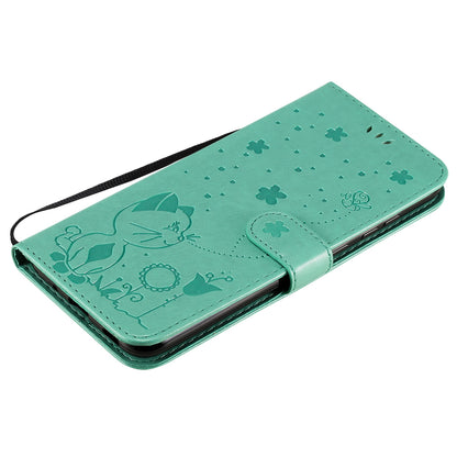 For Samsung Galaxy A11 Cat and Bee Embossed Flip Leather Phone Case Wallet Cover with Card Slots Cash Pocket Magnetic Stand Protective Shockproof TPU PU Leather Case with Wrist Strap