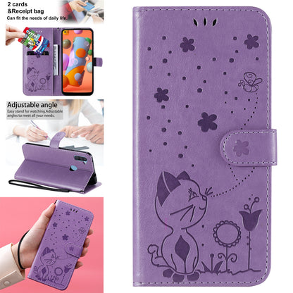 For Samsung Galaxy A11 Cat and Bee Embossed Flip Leather Phone Case Wallet Cover with Card Slots Cash Pocket Magnetic Stand Protective Shockproof TPU PU Leather Case with Wrist Strap