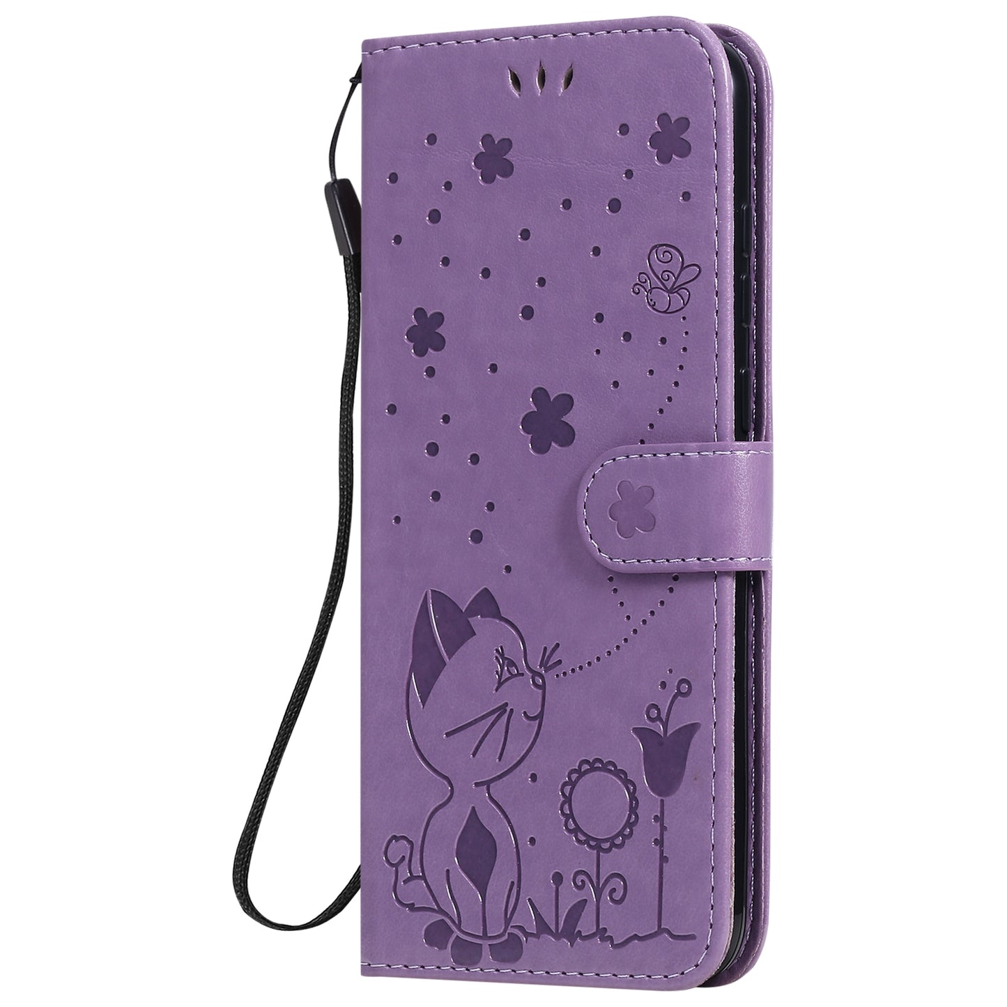 For Samsung Galaxy A11 Cat and Bee Embossed Flip Leather Phone Case Wallet Cover with Card Slots Cash Pocket Magnetic Stand Protective Shockproof TPU PU Leather Case with Wrist Strap