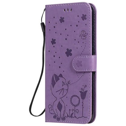 For Samsung Galaxy A11 Cat and Bee Embossed Flip Leather Phone Case Wallet Cover with Card Slots Cash Pocket Magnetic Stand Protective Shockproof TPU PU Leather Case with Wrist Strap
