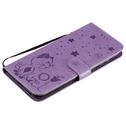 For Samsung Galaxy A11 Cat and Bee Embossed Flip Leather Phone Case Wallet Cover with Card Slots Cash Pocket Magnetic Stand Protective Shockproof TPU PU Leather Case with Wrist Strap