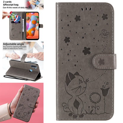 For Samsung Galaxy A11 Cat and Bee Embossed Flip Leather Phone Case Wallet Cover with Card Slots Cash Pocket Magnetic Stand Protective Shockproof TPU PU Leather Case with Wrist Strap