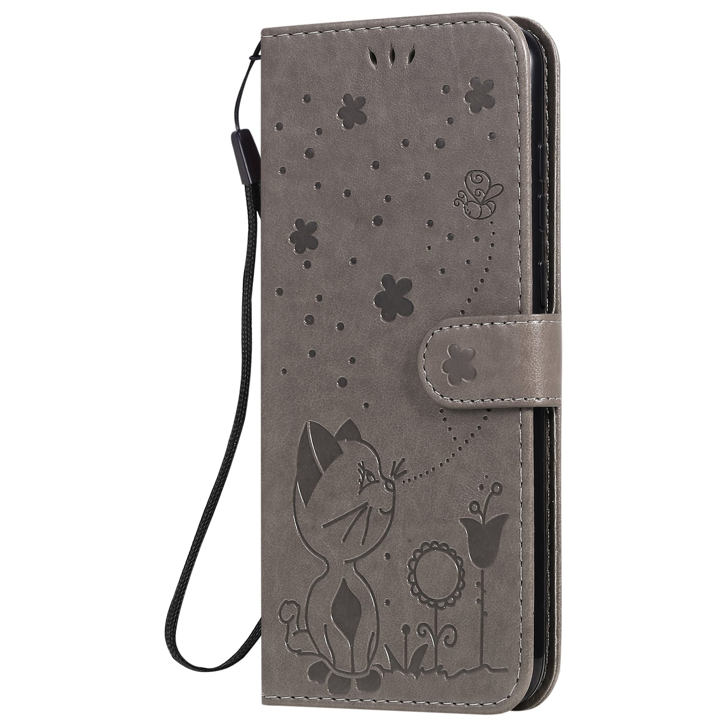 For Samsung Galaxy A11 Cat and Bee Embossed Flip Leather Phone Case Wallet Cover with Card Slots Cash Pocket Magnetic Stand Protective Shockproof TPU PU Leather Case with Wrist Strap