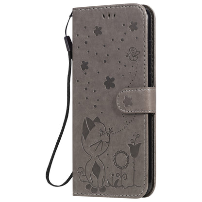 For Samsung Galaxy A11 Cat and Bee Embossed Flip Leather Phone Case Wallet Cover with Card Slots Cash Pocket Magnetic Stand Protective Shockproof TPU PU Leather Case with Wrist Strap