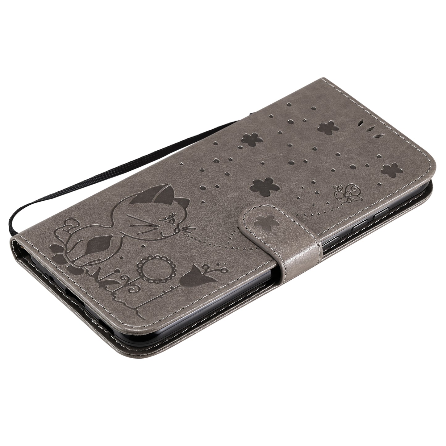 For Samsung Galaxy A11 Cat and Bee Embossed Flip Leather Phone Case Wallet Cover with Card Slots Cash Pocket Magnetic Stand Protective Shockproof TPU PU Leather Case with Wrist Strap