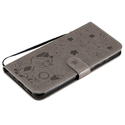 For Samsung Galaxy A11 Cat and Bee Embossed Flip Leather Phone Case Wallet Cover with Card Slots Cash Pocket Magnetic Stand Protective Shockproof TPU PU Leather Case with Wrist Strap