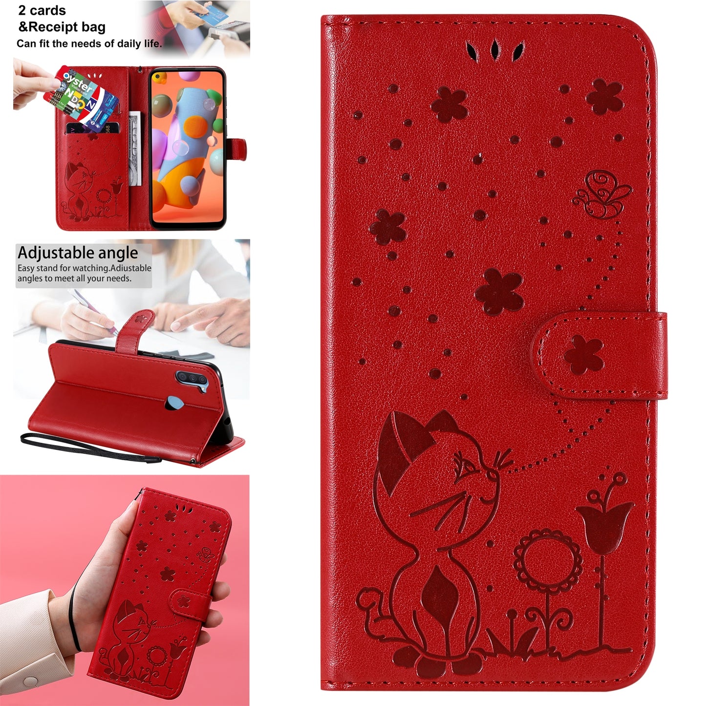 For Samsung Galaxy A11 Cat and Bee Embossed Flip Leather Phone Case Wallet Cover with Card Slots Cash Pocket Magnetic Stand Protective Shockproof TPU PU Leather Case with Wrist Strap
