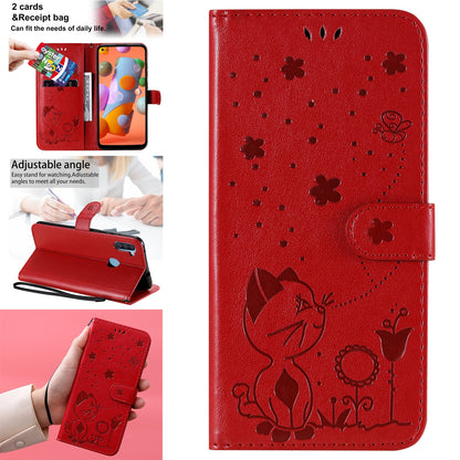 For Samsung Galaxy A11 Cat and Bee Embossed Flip Leather Phone Case Wallet Cover with Card Slots Cash Pocket Magnetic Stand Protective Shockproof TPU PU Leather Case with Wrist Strap