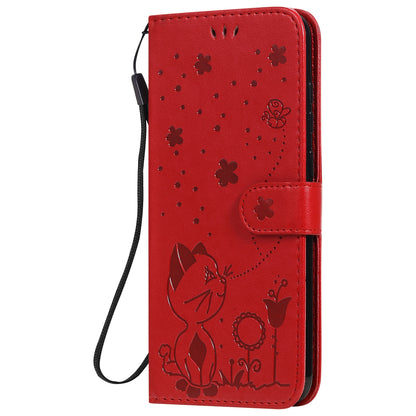 For Samsung Galaxy A11 Cat and Bee Embossed Flip Leather Phone Case Wallet Cover with Card Slots Cash Pocket Magnetic Stand Protective Shockproof TPU PU Leather Case with Wrist Strap