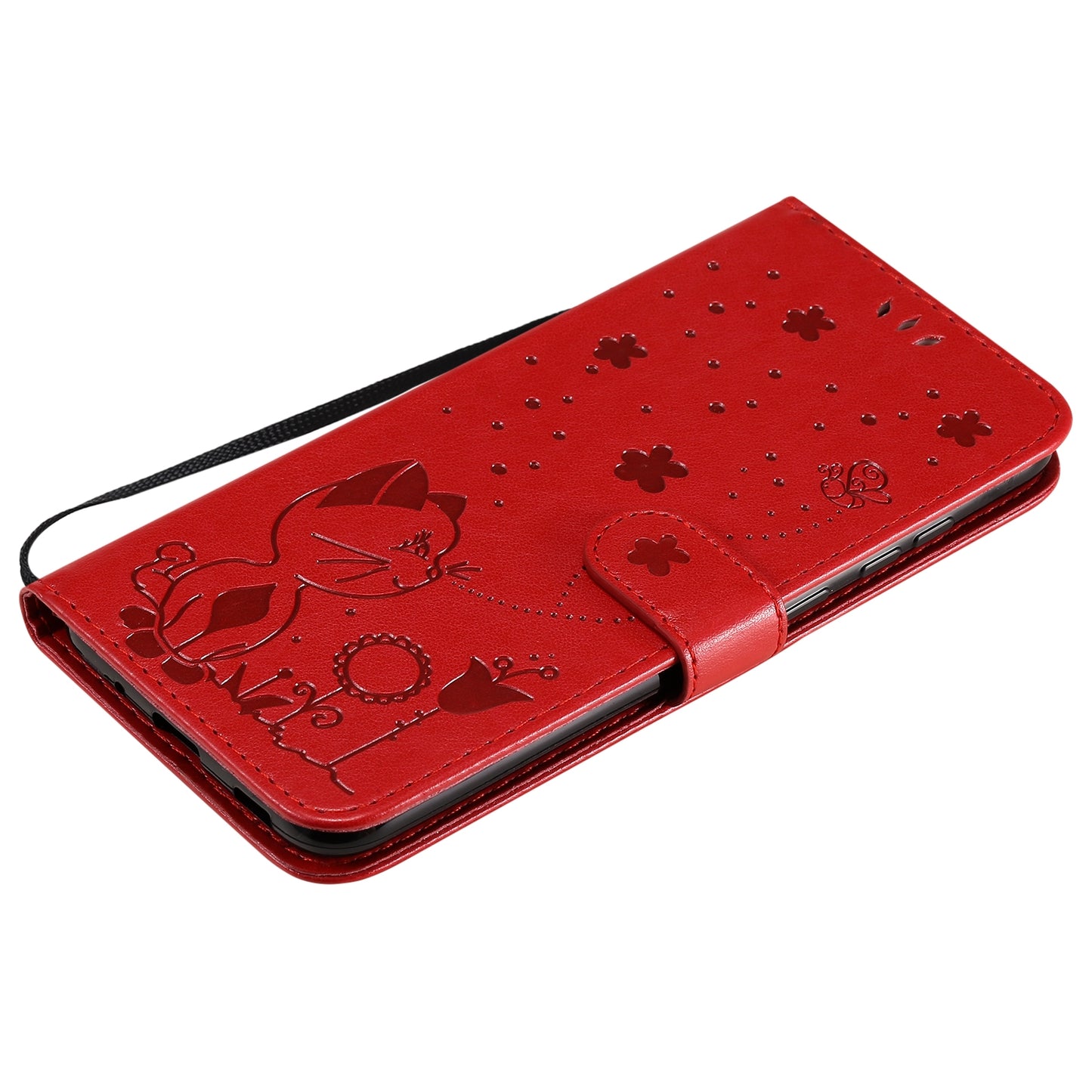 For Samsung Galaxy A11 Cat and Bee Embossed Flip Leather Phone Case Wallet Cover with Card Slots Cash Pocket Magnetic Stand Protective Shockproof TPU PU Leather Case with Wrist Strap