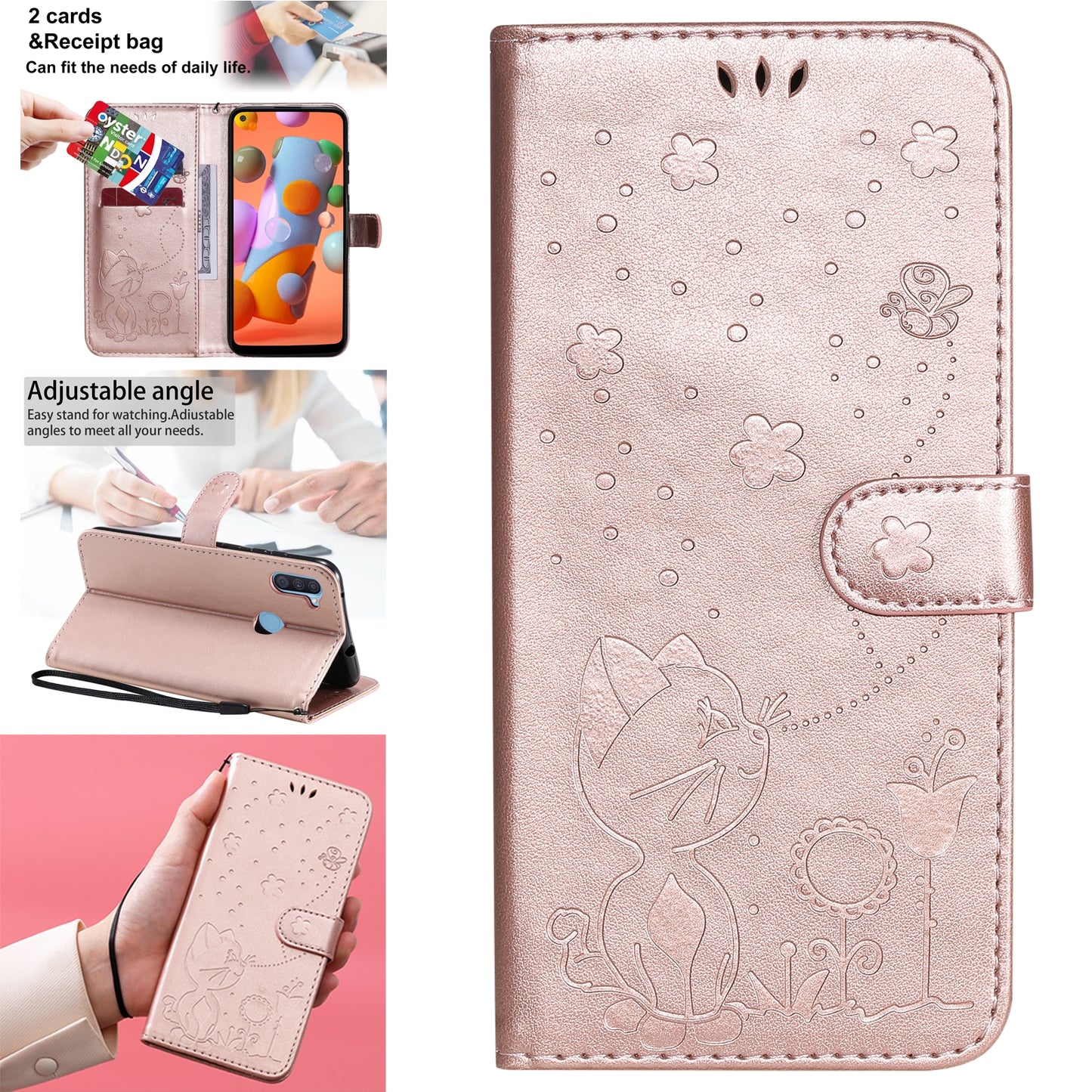 For Samsung Galaxy A11 Cat and Bee Embossed Flip Leather Phone Case Wallet Cover with Card Slots Cash Pocket Magnetic Stand Protective Shockproof TPU PU Leather Case with Wrist Strap