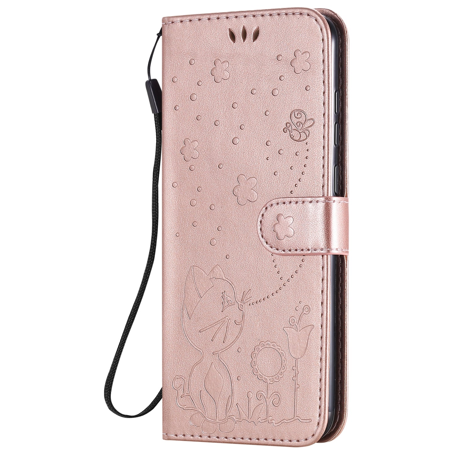 For Samsung Galaxy A11 Cat and Bee Embossed Flip Leather Phone Case Wallet Cover with Card Slots Cash Pocket Magnetic Stand Protective Shockproof TPU PU Leather Case with Wrist Strap