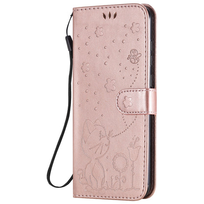 For Samsung Galaxy A11 Cat and Bee Embossed Flip Leather Phone Case Wallet Cover with Card Slots Cash Pocket Magnetic Stand Protective Shockproof TPU PU Leather Case with Wrist Strap