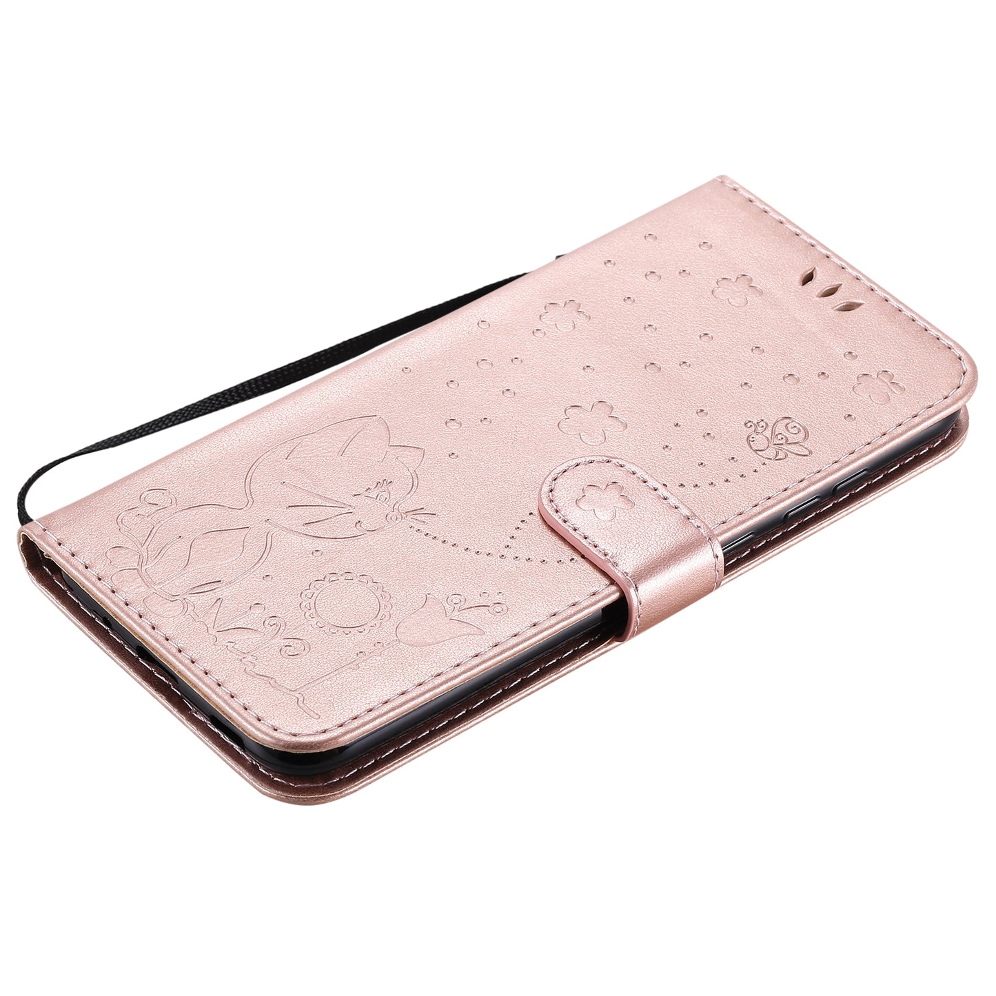 For Samsung Galaxy A11 Cat and Bee Embossed Flip Leather Phone Case Wallet Cover with Card Slots Cash Pocket Magnetic Stand Protective Shockproof TPU PU Leather Case with Wrist Strap