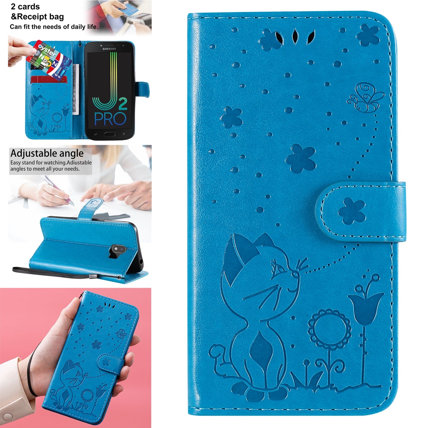 For Samsung Galaxy J2 Pro(2018) Cat and Bee Embossed Flip Leather Phone Case Wallet Cover with Card Slots Cash Pocket Magnetic Stand Protective Shockproof TPU PU Leather Case with Wrist Strap