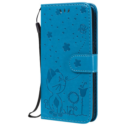 For Samsung Galaxy J2 Pro(2018) Cat and Bee Embossed Flip Leather Phone Case Wallet Cover with Card Slots Cash Pocket Magnetic Stand Protective Shockproof TPU PU Leather Case with Wrist Strap