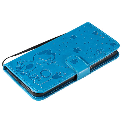 For Samsung Galaxy J2 Pro(2018) Cat and Bee Embossed Flip Leather Phone Case Wallet Cover with Card Slots Cash Pocket Magnetic Stand Protective Shockproof TPU PU Leather Case with Wrist Strap
