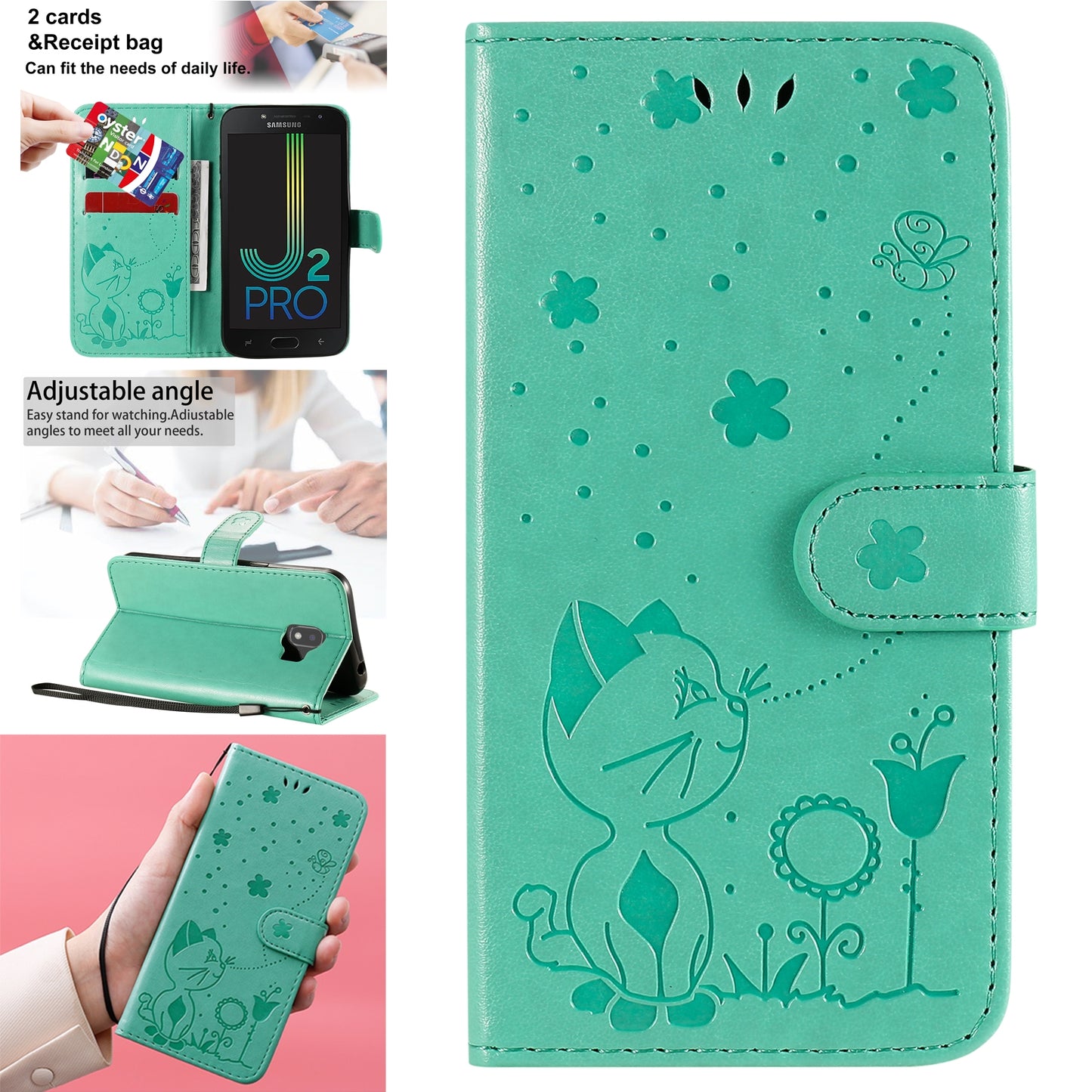 For Samsung Galaxy J2 Pro(2018) Cat and Bee Embossed Flip Leather Phone Case Wallet Cover with Card Slots Cash Pocket Magnetic Stand Protective Shockproof TPU PU Leather Case with Wrist Strap