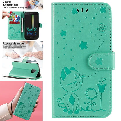For Samsung Galaxy J2 Pro(2018) Cat and Bee Embossed Flip Leather Phone Case Wallet Cover with Card Slots Cash Pocket Magnetic Stand Protective Shockproof TPU PU Leather Case with Wrist Strap