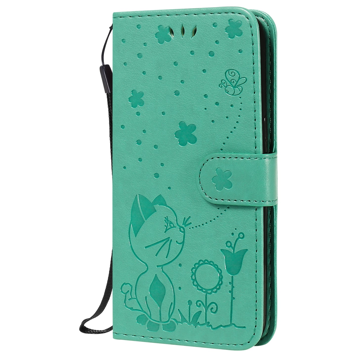 For Samsung Galaxy J2 Pro(2018) Cat and Bee Embossed Flip Leather Phone Case Wallet Cover with Card Slots Cash Pocket Magnetic Stand Protective Shockproof TPU PU Leather Case with Wrist Strap