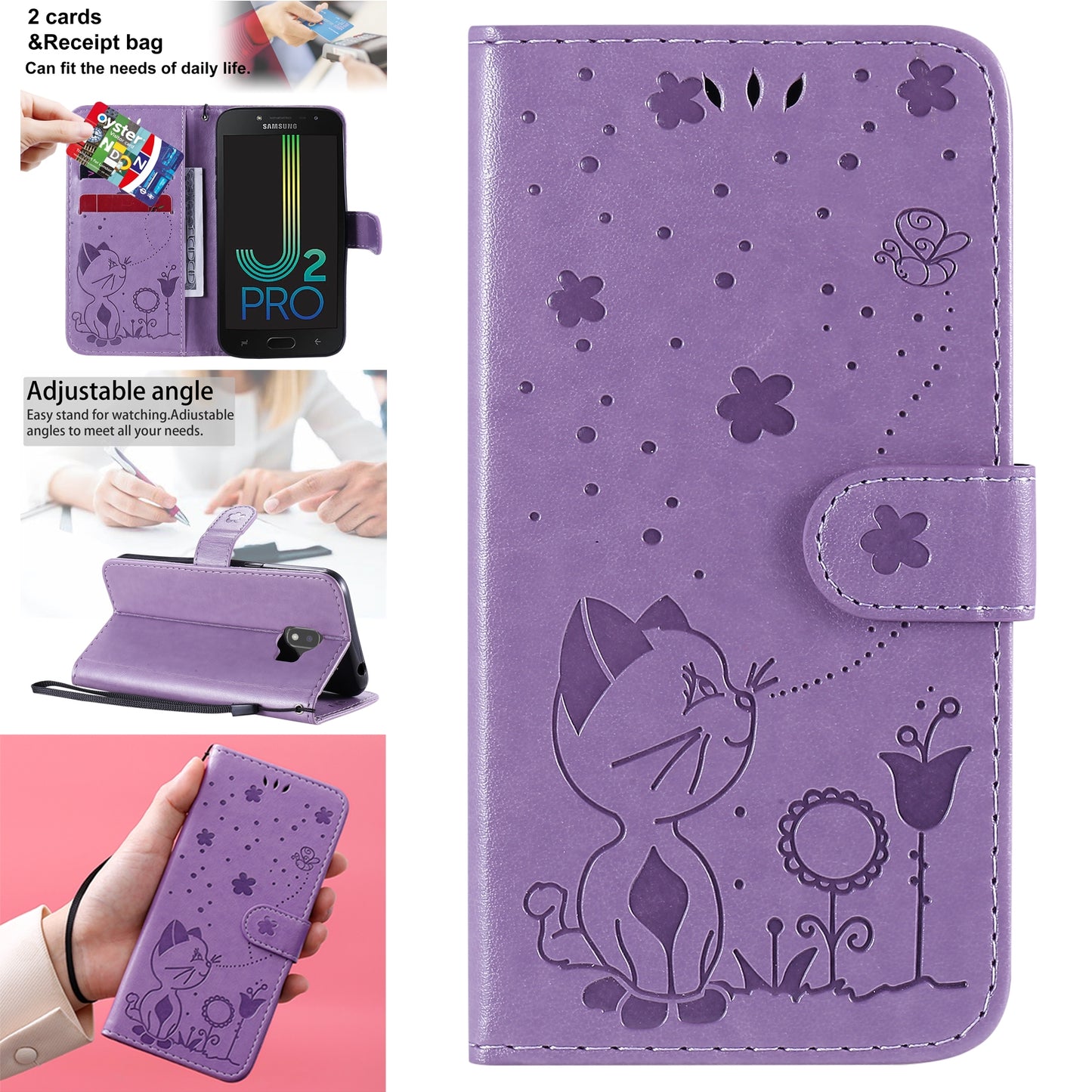 For Samsung Galaxy J2 Pro(2018) Cat and Bee Embossed Flip Leather Phone Case Wallet Cover with Card Slots Cash Pocket Magnetic Stand Protective Shockproof TPU PU Leather Case with Wrist Strap