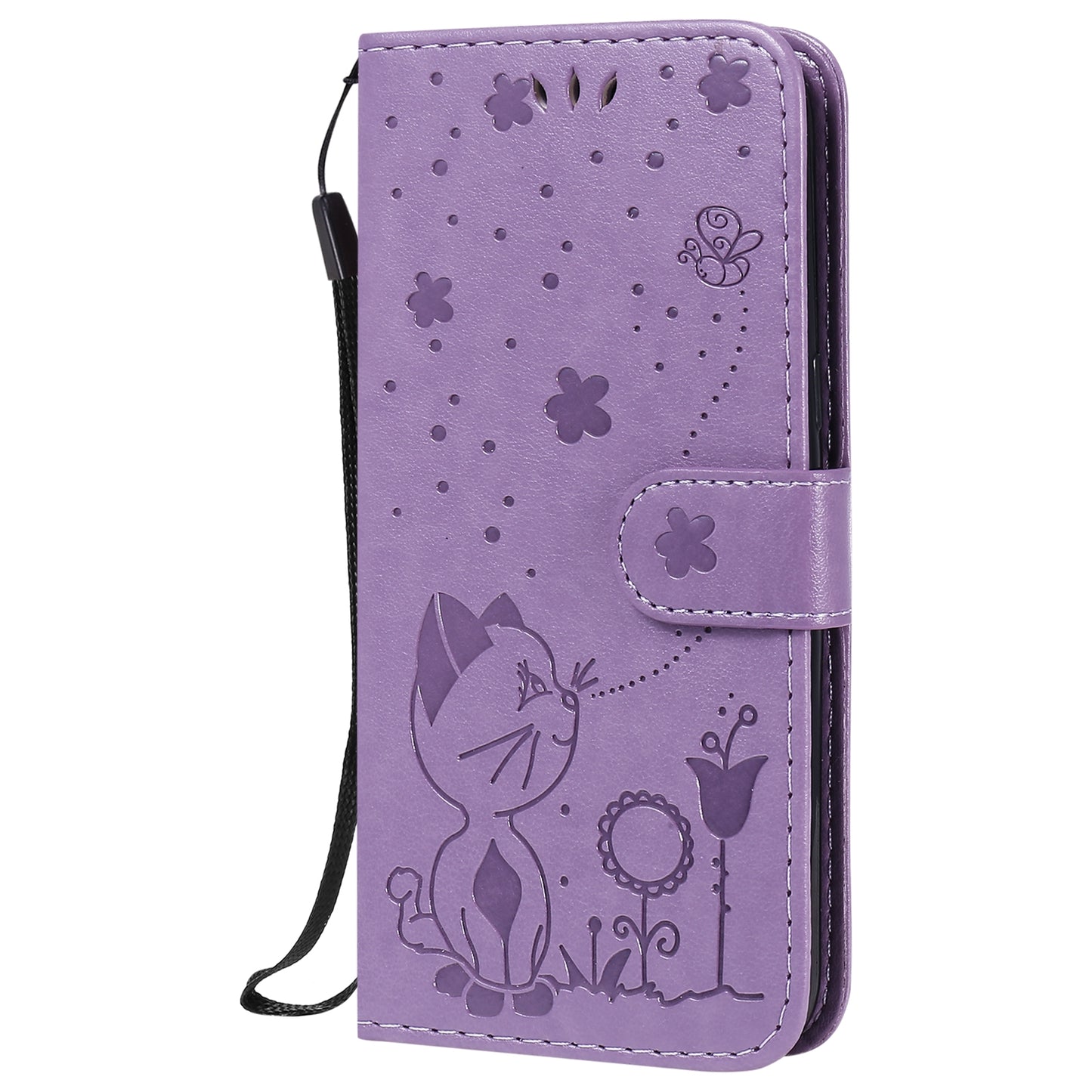 For Samsung Galaxy J2 Pro(2018) Cat and Bee Embossed Flip Leather Phone Case Wallet Cover with Card Slots Cash Pocket Magnetic Stand Protective Shockproof TPU PU Leather Case with Wrist Strap