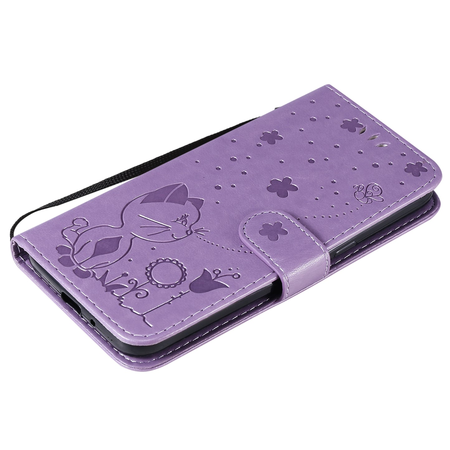For Samsung Galaxy J2 Pro(2018) Cat and Bee Embossed Flip Leather Phone Case Wallet Cover with Card Slots Cash Pocket Magnetic Stand Protective Shockproof TPU PU Leather Case with Wrist Strap