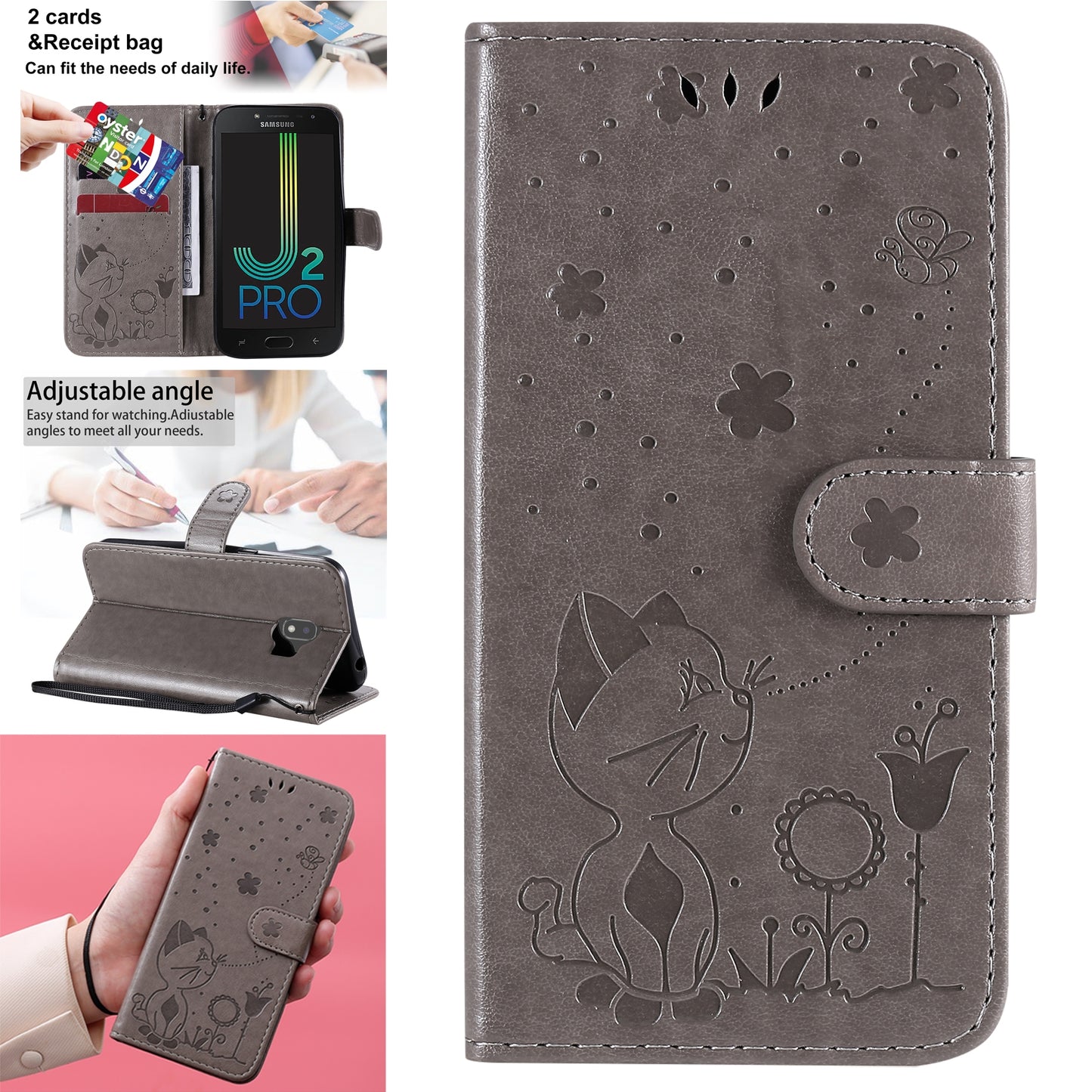 For Samsung Galaxy J2 Pro(2018) Cat and Bee Embossed Flip Leather Phone Case Wallet Cover with Card Slots Cash Pocket Magnetic Stand Protective Shockproof TPU PU Leather Case with Wrist Strap
