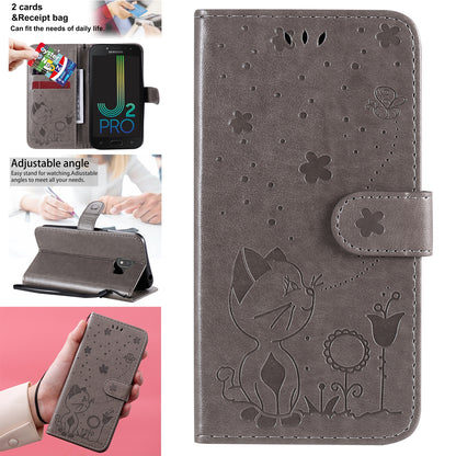 For Samsung Galaxy J2 Pro(2018) Cat and Bee Embossed Flip Leather Phone Case Wallet Cover with Card Slots Cash Pocket Magnetic Stand Protective Shockproof TPU PU Leather Case with Wrist Strap