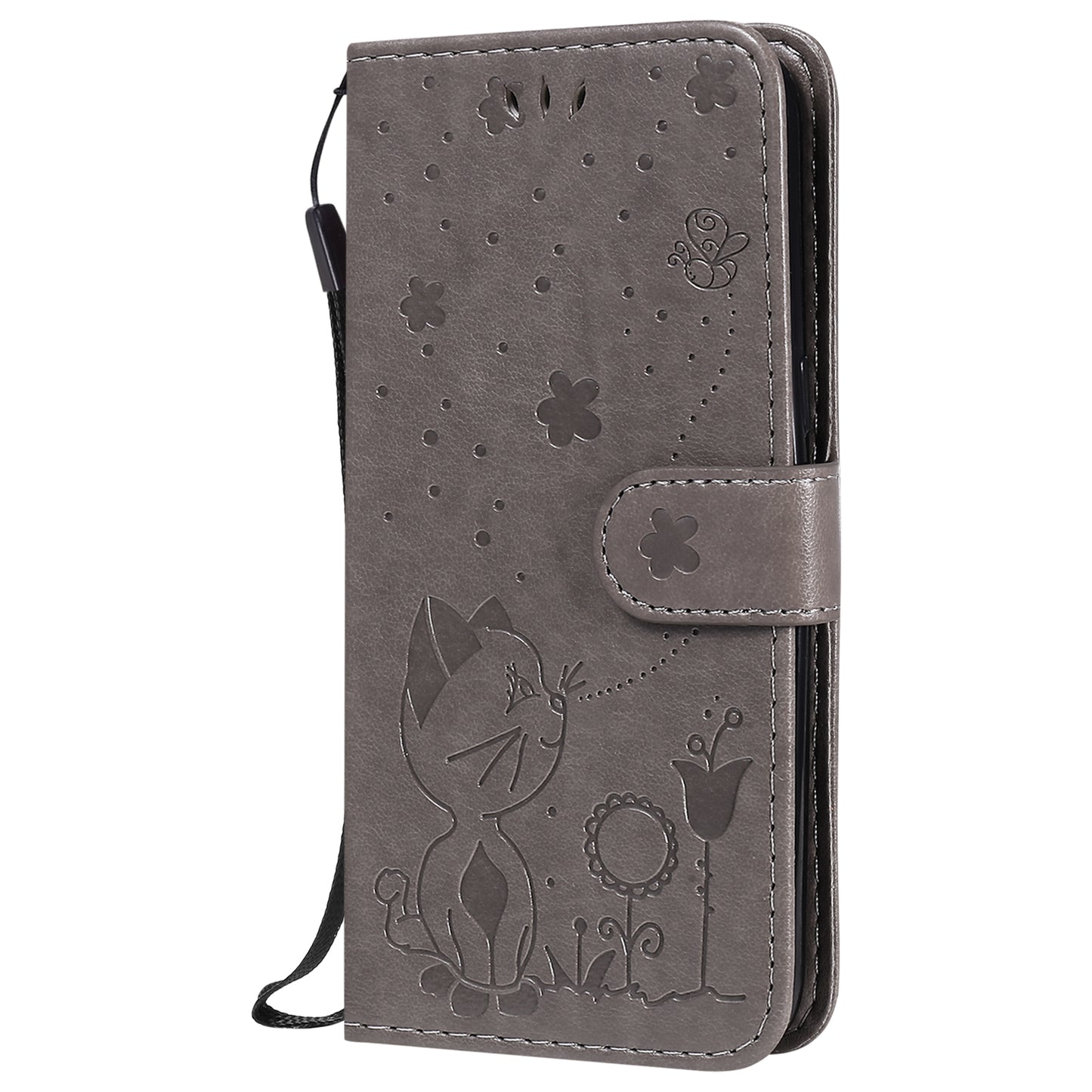 For Samsung Galaxy J2 Pro(2018) Cat and Bee Embossed Flip Leather Phone Case Wallet Cover with Card Slots Cash Pocket Magnetic Stand Protective Shockproof TPU PU Leather Case with Wrist Strap