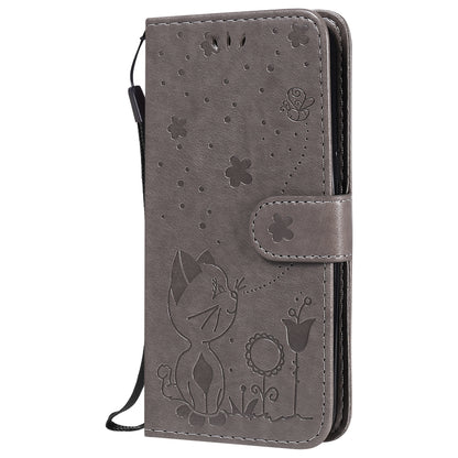 For Samsung Galaxy J2 Pro(2018) Cat and Bee Embossed Flip Leather Phone Case Wallet Cover with Card Slots Cash Pocket Magnetic Stand Protective Shockproof TPU PU Leather Case with Wrist Strap