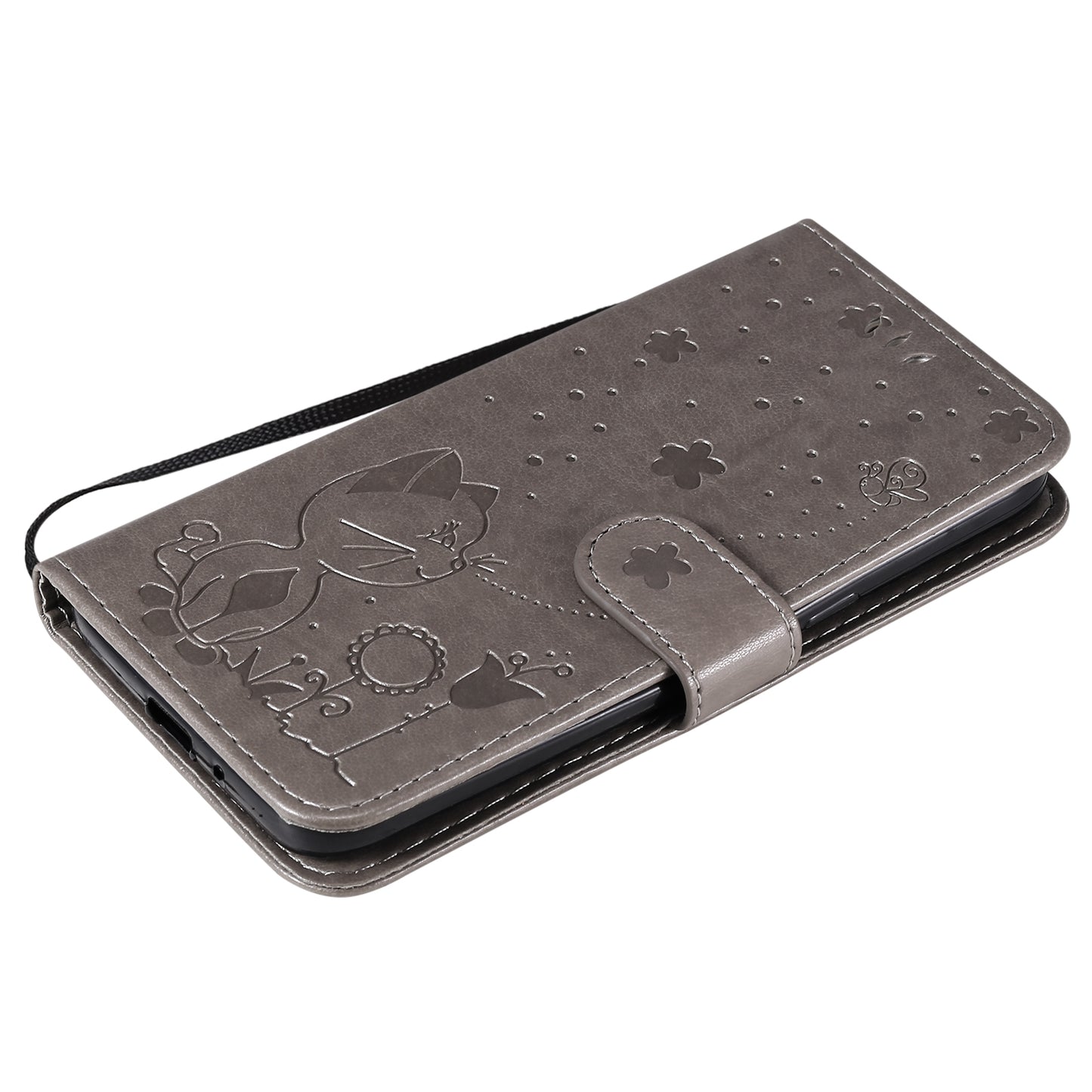 For Samsung Galaxy J2 Pro(2018) Cat and Bee Embossed Flip Leather Phone Case Wallet Cover with Card Slots Cash Pocket Magnetic Stand Protective Shockproof TPU PU Leather Case with Wrist Strap