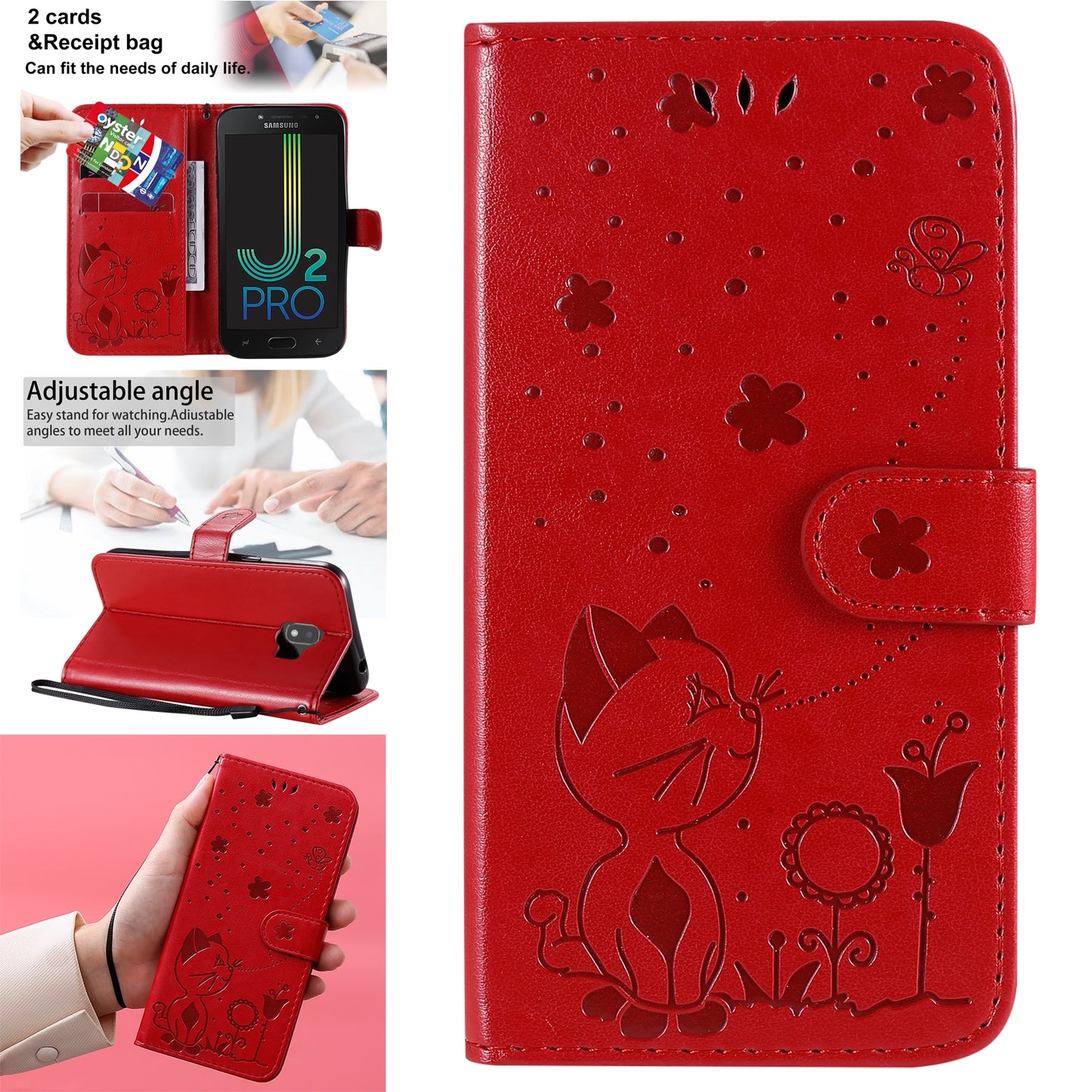 For Samsung Galaxy J2 Pro(2018) Cat and Bee Embossed Flip Leather Phone Case Wallet Cover with Card Slots Cash Pocket Magnetic Stand Protective Shockproof TPU PU Leather Case with Wrist Strap
