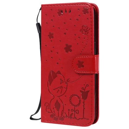 For Samsung Galaxy J2 Pro(2018) Cat and Bee Embossed Flip Leather Phone Case Wallet Cover with Card Slots Cash Pocket Magnetic Stand Protective Shockproof TPU PU Leather Case with Wrist Strap